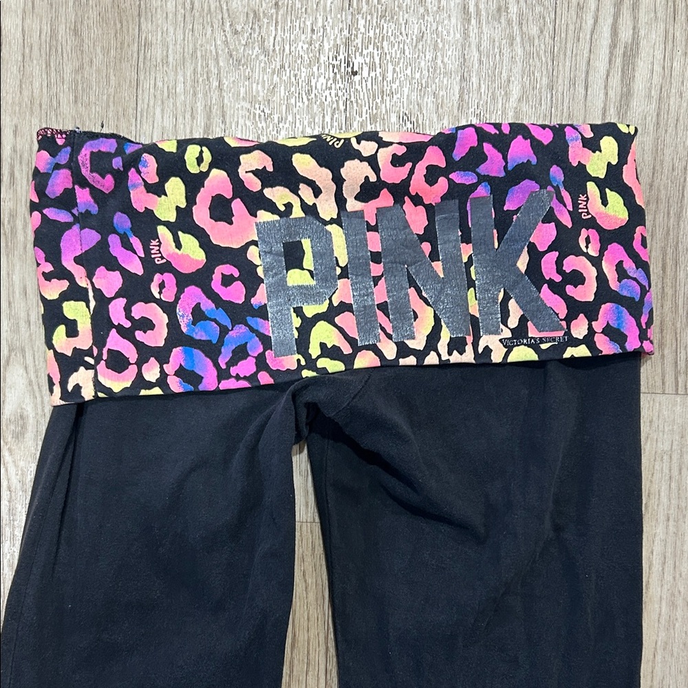 PINK Victoria's Secret Black Track Pants with Leopard Print Waistband - Picture 3 of 3
